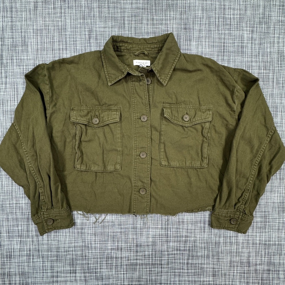 Topshop Cropped Shirt Womens Small 4 6 Olive Cotton Raw Hem Utility Pockets